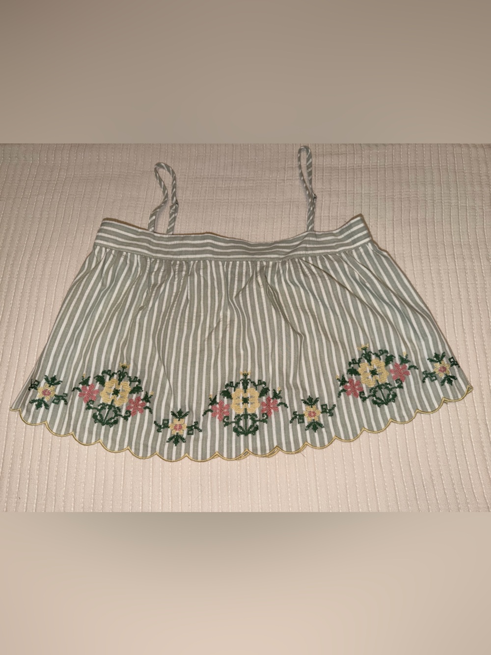 Miou Muse Striped Wide-Leg Pants/Tank set with Floral Embroidery - Green/White